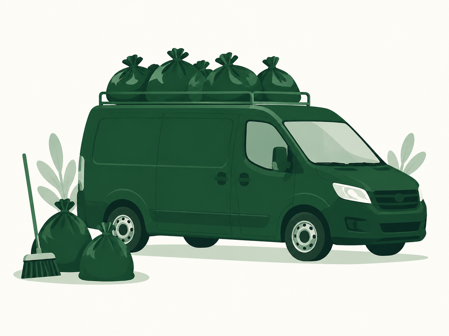 Illustration of a dark green Clearfield Services van loaded with rubbish bags, with a broom and rubbish sacks beside it